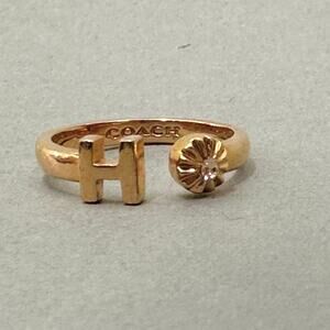 Coach H initial gold tone cubic zirconia open cuff stackable ring